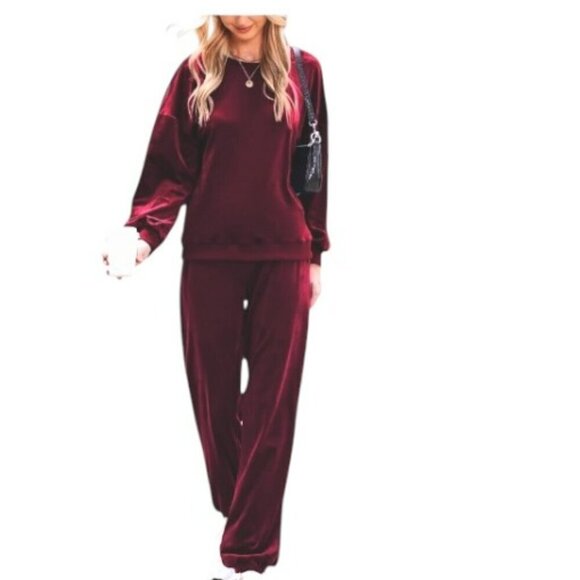 Beyove Women Burgundy Red Velour Sweatsuit 2 Piece Tracksuit Leisure Comfy Set - Picture 1 of 4